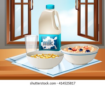 Breakfast On Table With Milk And Cereal Illustration