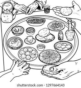 Breakfast. On the table are traditional Jordanian dishes. The hands of a child, the hands of an adult, the hands of an old man. Coloring pages.