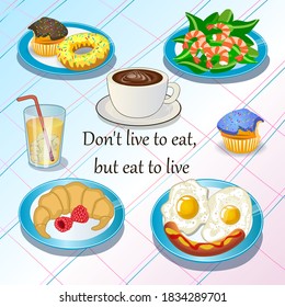 Breakfast on the table. Various dishes for breakfast. Scrambled eggs with sausage, shrimp salad, muffins, donut, croissant, berries, coffee, juice.