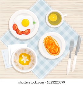 Breakfast On The Table. Vector Icon With Cereal, Sandwich, Scrambled Eggs And Tea. Healthy Food On Plates Top View.