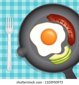 Breakfast on top view. Fork on breakfast table. Fried egg, sausage and avocado on the pan. vector illustration