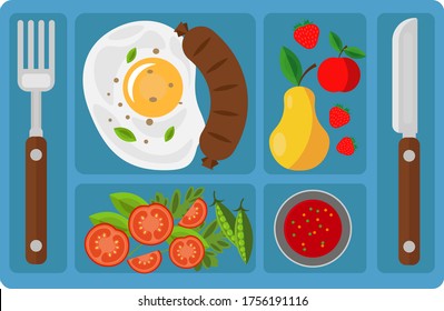Breakfast on a tray with compartments. Vector illustration on the theme of food.