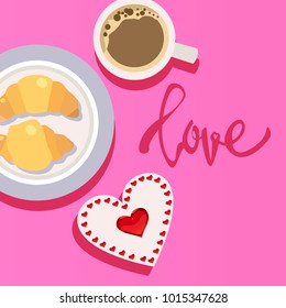 Breakfast on Valentine's Day - coffee , croissants on a pink background.Happy lovers day. Valentine's day concept.
