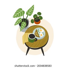 Breakfast On Wood Coffee Table. Lunch With Tea Cup, Sandwich, Eggs On Plate And Home Plants. Cozy Morning Branch With Toast And Espresso. Flat Vector Illustration Isolated On White Background