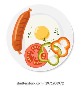 Breakfast. One fried egg, pieces of paprika and tomato, sausage on round white plate. Overhead view of isolated food. Vector illustration on white background. Flat design for menu, cafe, restaurant.