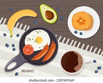 Breakfast. One Fried Egg, Sausage And Tomato In Frying Pan, Coffee Cup, Fruits Pancakes With Blueberries On Wooden Table. Overhead View. Flat Vector Illustration For Menu, Cafe, Restaurant, Recipe