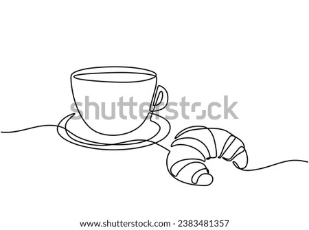 Breakfast one line drawing. Coffee with cake continuous outline. Pastry Croissant. Vector illustration isolated. Minimalist design handdrawn.