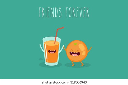 Breakfast. Orange juice. Friends forever. Use for card, poster, banner, web design and print on t-shirt. Easy to edit. Vector illustration.