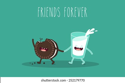 Breakfast, oreo, milk, chocolate cookies. Breakfast. Vector cartoon. Friends forever. Comic characters. Use in the menu, in the shop, in the bar, the card or stickers.