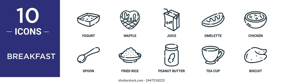 breakfast outline icon set includes thin line yogurt, waffle, juice, omelette, chicken, spoon, fried rice icons for report, presentation, diagram, web design