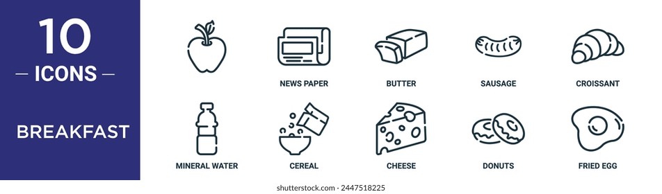 breakfast outline icon set includes thin line  , news paper, butter, sausage, croissant, mineral water, cereal icons for report, presentation, diagram, web design