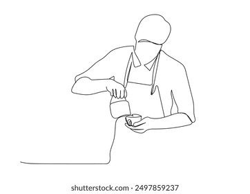 Ilustración del esquema del desayuno. Dibujo continuo de una línea de barista vertiendo leche al café, preparando la bebida. Barista haciendo arte de café con leche en un solo Vector de contorno. Trazo editable.