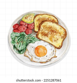 breakfast painted in watercolor separate elements