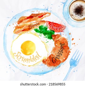 Breakfast painted with watercolors on a plate eggs, bacon, lettuce, tomato, cup of coffee, fork.