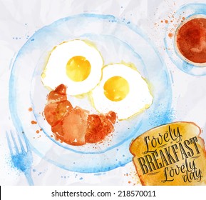 Breakfast painted with watercolors on a plate scrambled and a croissant, fork and tea with lettering