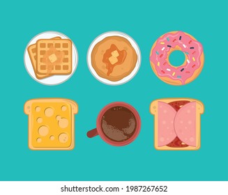 breakfast pancake donut bread coffee