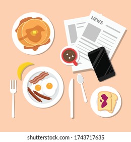 Breakfast With Pancake, Hot Chocolate Drink/Coffee, Eggs, Sausage, Bacon, Bread, Spoon, Fork, Knife, Phone And News Paper