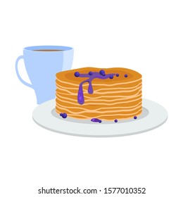 Breakfast with pancakes with bilberry jam and coffee vector illustration