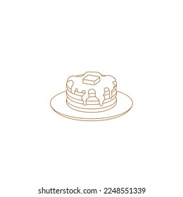 Breakfast pancakes with butter and syrup on a plate. Minimalist lineart illustration. Pancake icon.