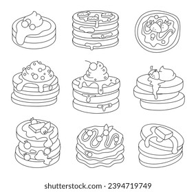 Crepes para el desayuno. Colorante de página. Abundantes de comida sabrosa con jarabe de arce, mantequilla, jarabe de chocolate, frutas y mermelada. Estilo dibujado a mano. Dibujo de vectores. Colección de elementos de diseño.