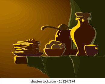 breakfast with pancakes, honey, butter and milk