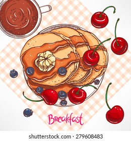 breakfast. pancakes with maple syrup and butter. hand-drawn illustration