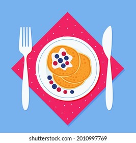 Breakfast pancakes on a plate, with a fork and a knife on a napkin. Vector illustration in flat style EPS 10