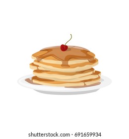 Breakfast pancakes plate. Isolated stack of pancakes with cherry and syrop on white background.