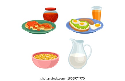 Breakfast with Pancakes, Sandwich and Corn Flakes with Milk in Bowl Vector Set