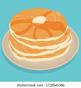 Breakfast with pancakes. Tasty food, bakery. Good morning. Isolated vector realistic american pancake illustration.