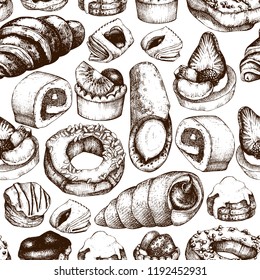 Breakfast Pastries and Brownies background. Hand drawn baked products illustration. Vintage food sketches. Seamless pattern for cafe or bakery menu design.