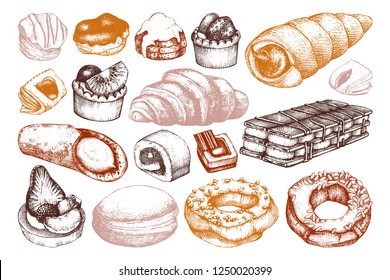 Breakfast Pastries and Brownies collection. Hand drawn baked products on white background. Vintage food sketches for cafe or bakery menu. Confectionery design. 