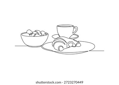 Pasteles de desayuno y café en la mesa. Concepto de la hora del desayuno. Diseño de dibujo de línea única. Ilustración gráfica de Vector