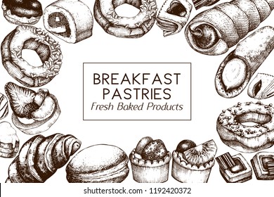 Breakfast Pastries and Desserts design. Vector drawing of hand sketched baked products on white background. Vintage food sketch for cafe or restaurant menu.