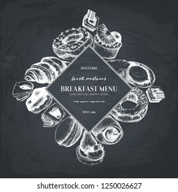 Breakfast Pastries rhomb design. Vector drawing of hand sketched desserts, cakes, brownies and cupcakes on chalkboard. Vintage food sketch for cafe or bakery menu. 