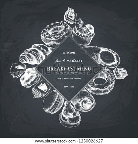 Breakfast Pastries rhomb design. Vector drawing of hand sketched desserts, cakes, brownies and cupcakes on chalkboard. Vintage food sketch for cafe or bakery menu. 