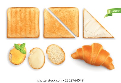 Breakfast pastries set with isolated top view images of croissant toast bread slices with butter toppings vector illustration