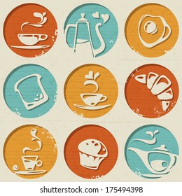Breakfast pattern consists of round shapes with food elements such as coffee, toast, croissant, egg and cake.