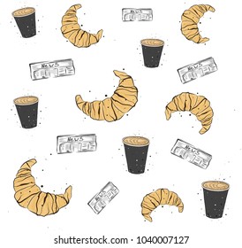 Breakfast Pattern, croissant, coffee,newspaper. Vector art