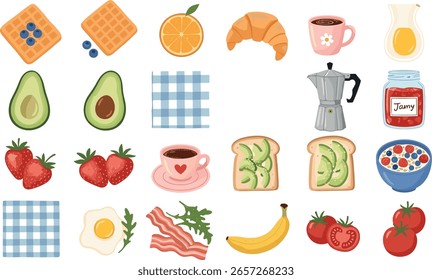 desayuno, patrón, bebida, sin costuras, comida, fresa, bebida caliente, a cuadros, cocina, guinga, lindo, tostado, damero, fondo, Vector, plano, conjunto, mosaico, geométrico, abstracto, rejilla, diseño, croissant