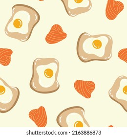 Breakfast pattern fried eggs, bread, salmon, baked background.