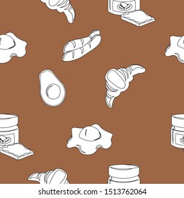 Breakfast pattern. Hot dogs and scrambled eggs, peanut butter sandwich and croissant, avocado and fruit. Design for menu, cafe, flyer, banner.

