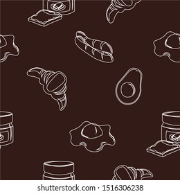 Breakfast pattern. Hot dogs and scrambled eggs, peanut butter sandwich and croissant, avocado and fruit. Design for menu, cafe, flyer, banner.
