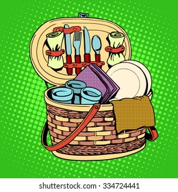The Breakfast picnic basket nature pop art retro style. Cutlery, food and nutrition