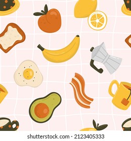 Breakfast or picnic seamless pattern with fruits, coffee, eggs, bacon, toast, lemon, sandwich, tea and banana. Hand drawn flat style vector illustration.