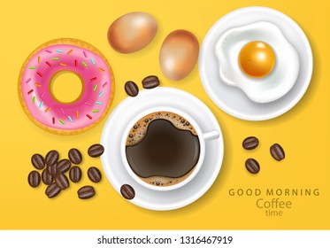 Breakfast pink background, egg, pik donut, coffee and beans. Good morning realistic banner