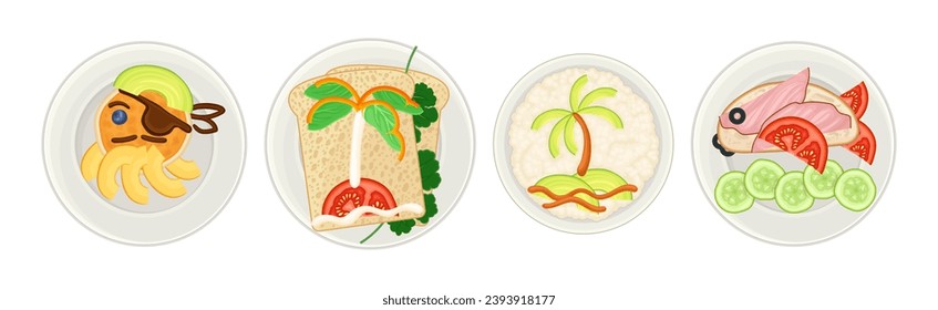 Breakfast Pirate Food for Children and Meal Plating Idea Vector Set