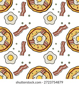 Pizza de desayuno y huevo frito patrón de Vector sin fisuras con tiras de tocino y anillos de pimiento verde