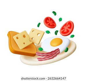 Café da manhã 3d. Comida matinal, ovos fritos, torrada com queijo, bacon, tomates e verde. Refeição caseira fresca, menu de buffet ou restaurante, objeto de vetor realista