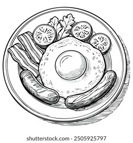  Breakfast plate with egg, bacon, sausage, tomato hand drawing